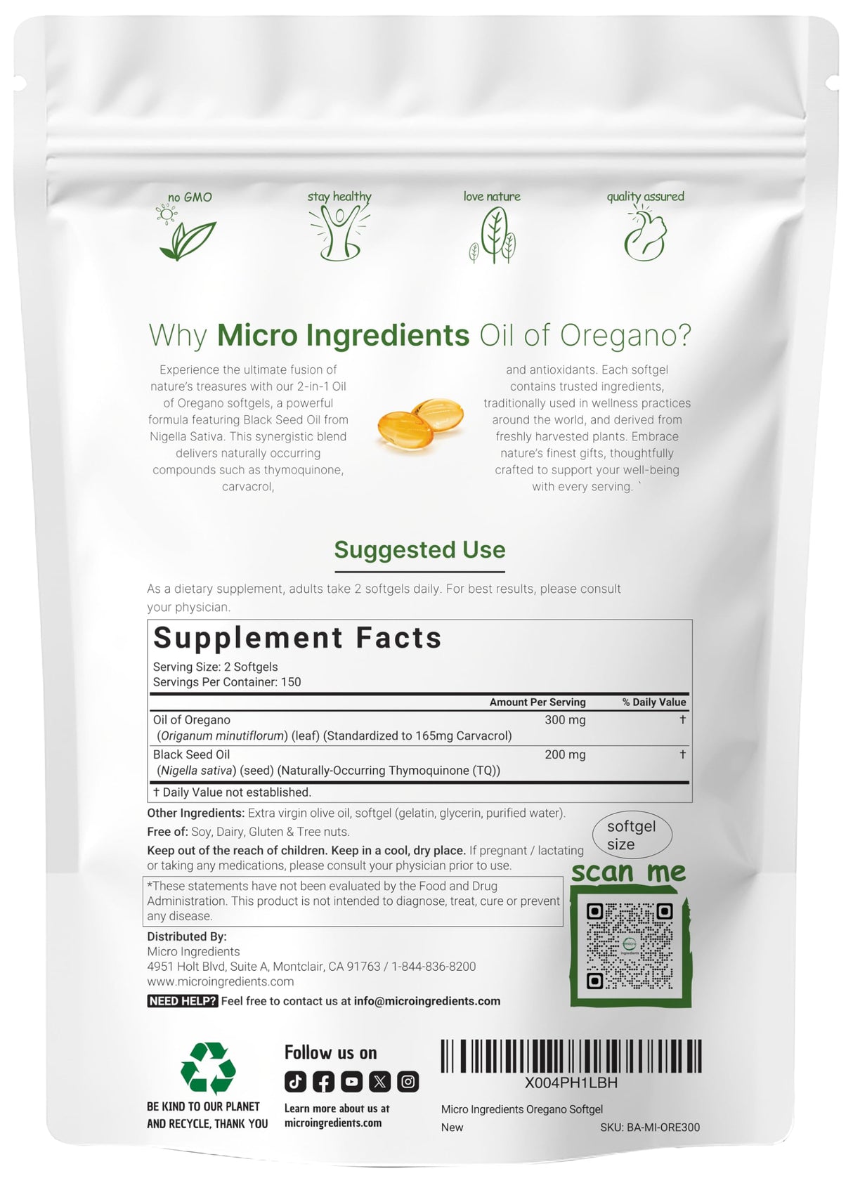 Micro Ingredients Oil of Oregano, 300 Softgel | Oregano Oil with Black Seed Oil, 4X Strength Carvacrol & Thymoquinone | Plant Based, Non-GMO | Antioxidant & Immune Support