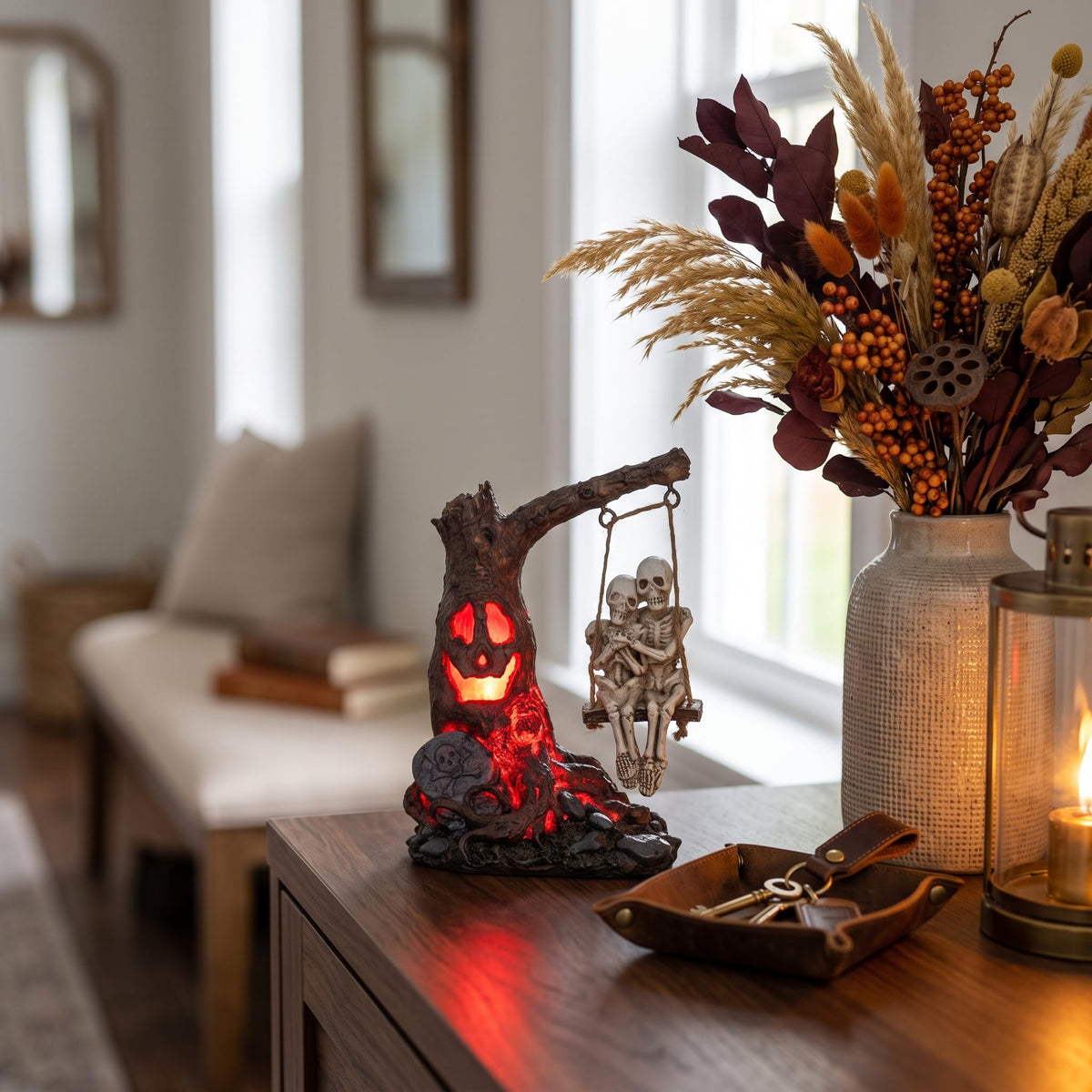 Halloween Skull Statue with Spooky LED Light for Home Indoor Decorations