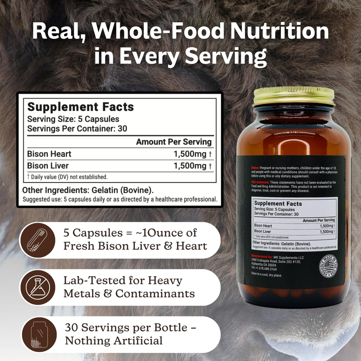MK Supplements American Beast – Strength, Endurance & Recovery Support – 150 Capsules (30 Servings) – Freeze-Dried American Bison, 100% Grass-Fed, Bison Liver and Bison Heart, Whole-Food Formula