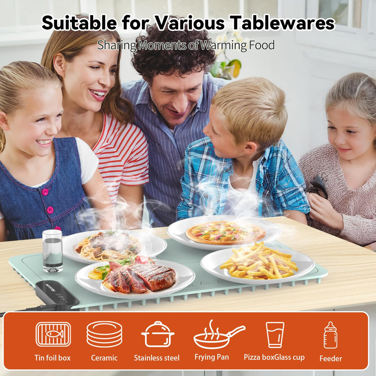 Electric Food Warming Mat with 9 Temperature Settings, Quick Heating Pad, Auto-Off Timer, Portable Silicone Food Warmer for Parties and Buffets
