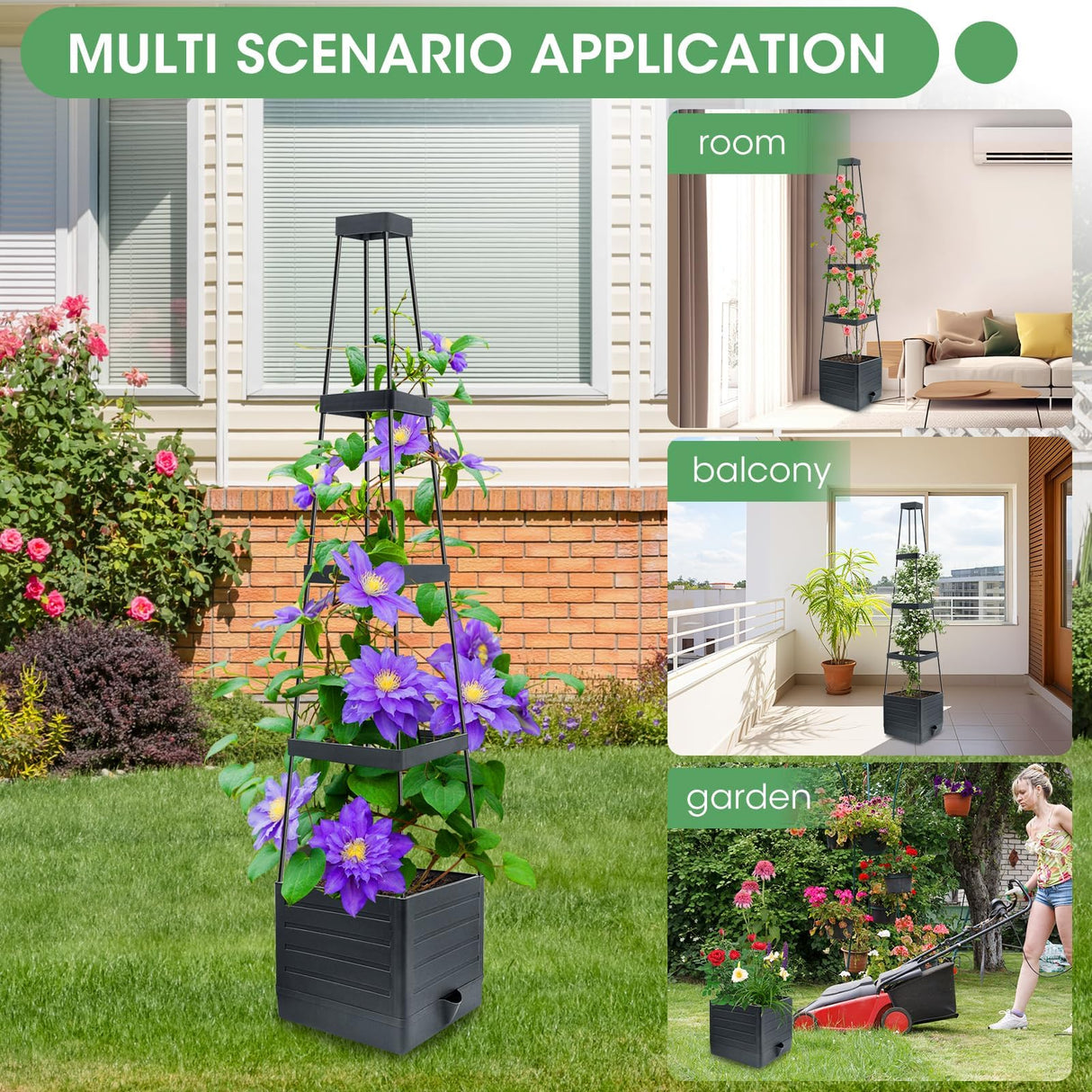 MQUPIN Self Watering Tomato Planter with Trellis, 57" Raised Garden Bed for Climbing Vegetables Vine Flowers, Tomato Cage Plant Support for Indoor Outdoor Patio Greenhouse (1 Pack)