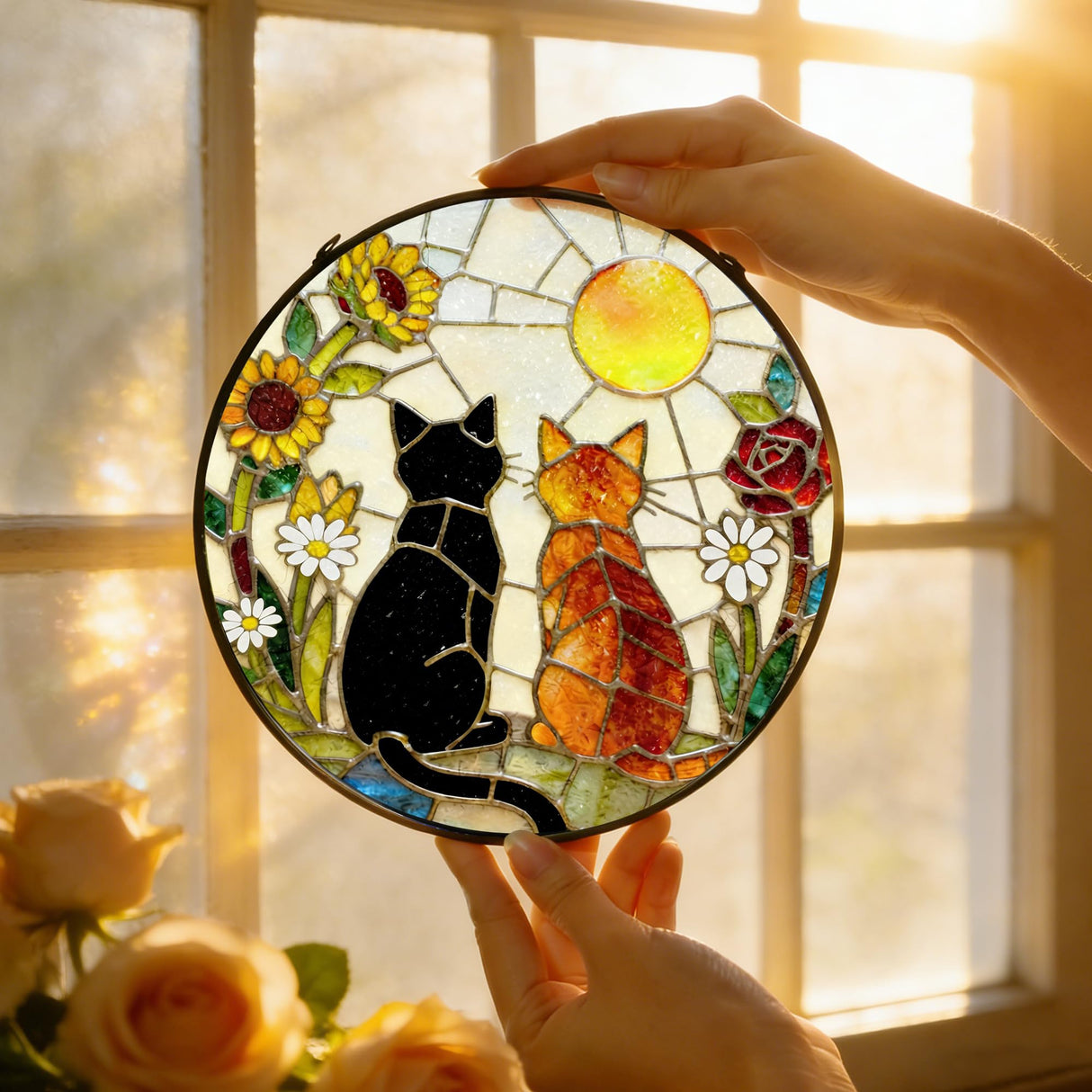 Stained Glass Window Hanging, 7.8" Charming Cat Couple Garden Suncatcher, Sun Catchers Indoor Window Ornament, Suncatchers for Windows, Doors & Home Decor, Gifts for Women, Men, Cat Lover & Pet Lover