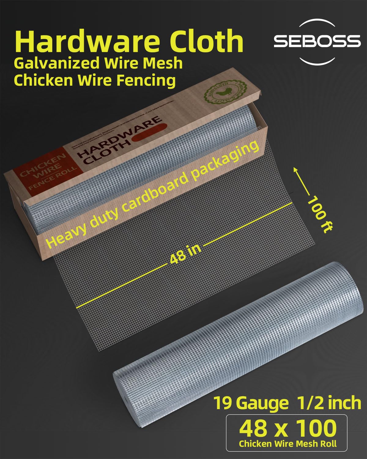 SEBOSS Hardware Cloth 1/2 inch 48 x 100 Ft 19-Gauge, Hot-dip Galvanized After Welding, Chicken Wire Fencing Wire Mesh Roll Rat Wire Gopher Mesh