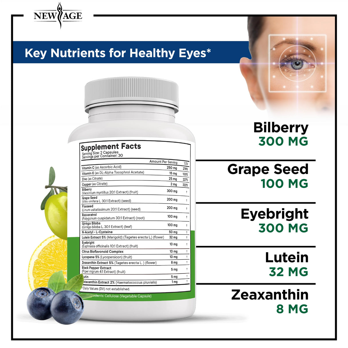 NEW AGE AREDS 2 Eye Vitamin Contains Bilberry 6000mg Lutein (32mg), Grape seed (6000 mg), Eyebright (1000 mg), and Zeaxanthin (8 mg) - 120 Count