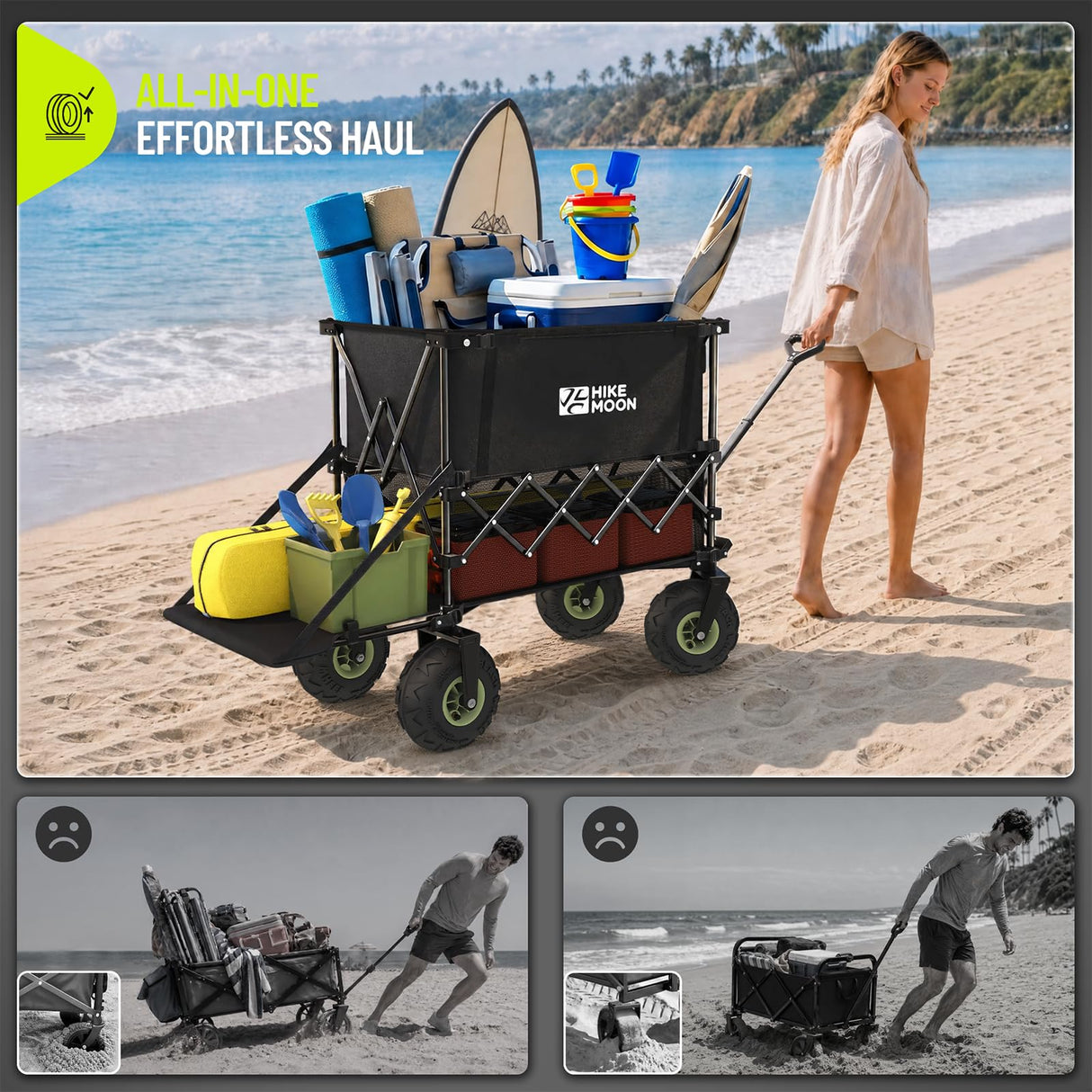 HIKEMOON Double Decker Collapsible Tailgate Wagon, Balloon Wheels, Black