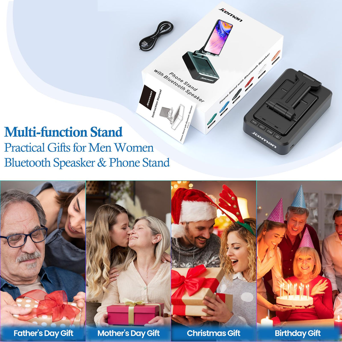 JTEMAN Cell Phone Stand with Bluetooth Speaker,Birthday Gifts for Men Women