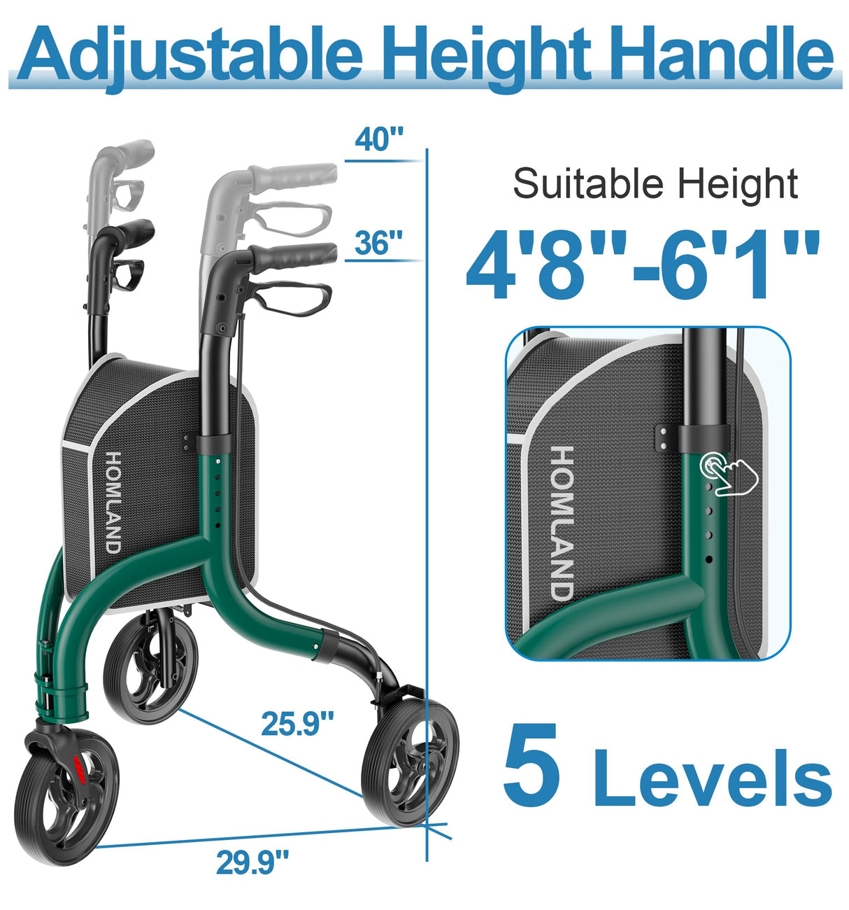 HOMLAND 3 Wheel Walkers for Seniors, FSA/HSA Eligible Foldable Wheeled Rollator with Cane Hold and Cup Hold, Lightweight Three Wheel Rolling Walker Height Adjustable for Seniors