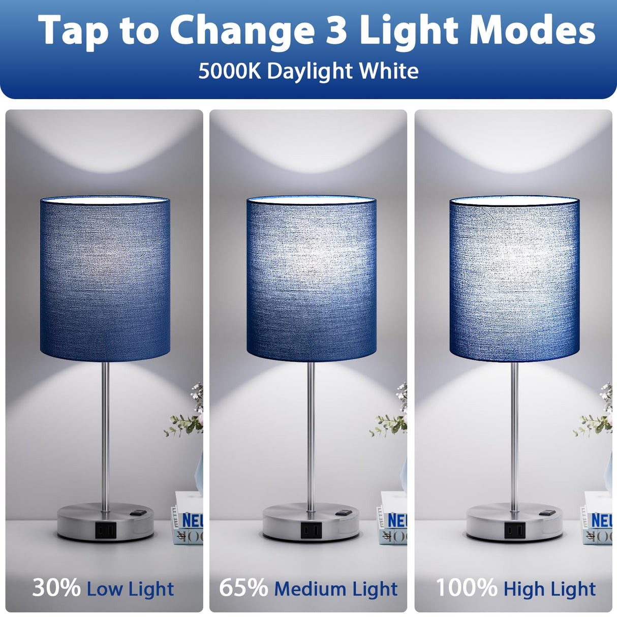 Blue Touch Lamps for Nightstand Set of 2 - Bedside Table Lamp for Bedroom with Dual USB Ports & AC Outlet, 3-Way Dimmable Lamps for Living Room Boys Room, Night Light with 5000K Daylight Bulbs