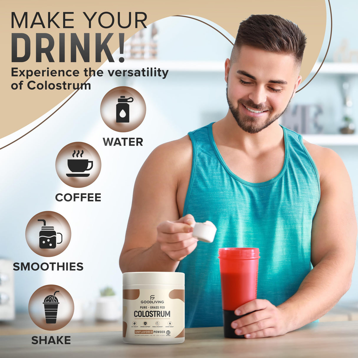 GoodLiving Grass Fed Colostrum Powder for Immune Support, Gut Health, Muscle Support & Wellness - Grass Fed Colostrum for Women & Men, Natural IgG Pure Whole Colostrum, Unflavored, 60 Servings