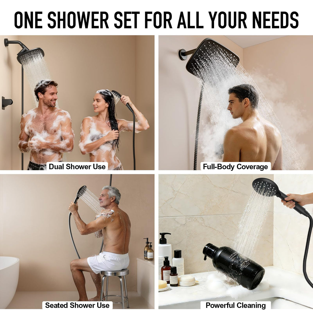 Veken 11.8 Inch Rain Shower Head with Handheld- High Pressure Dual Shower Heads with 5 Modes Handheld Spray Combo- Wide Rainfall Showerhead with Hose, Bathroom Accessories, Matte Black