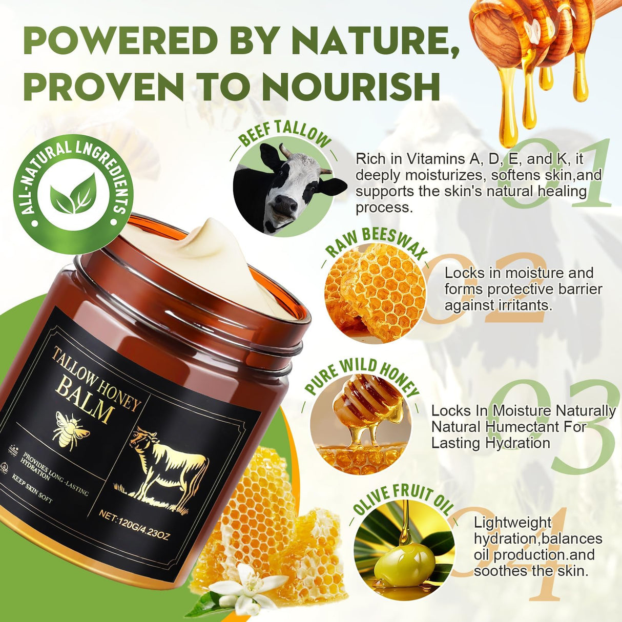 Beef Tallow for Skin,Organic Whipped Beef Tallow Face Moisturizer with Raw Honey and Beeswax,Natural Grass Fed Tallow and Honey Balm,Moisturizer for Face,Body&Sensitive Skin,Light Scented (4.23OZ)