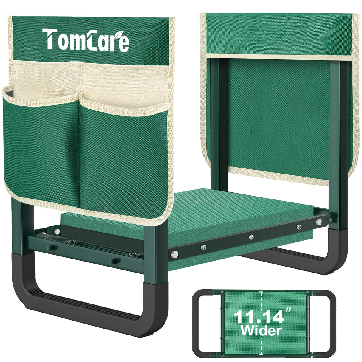 TomCare Garden Kneeler and Seat 11.14” Wider Larger Soft Kneeling Pad Garden Bench with 2 Large Tools Pouches Heavy Duty Foldable Garden Stool Gardening Gifts for Women Men Gardeners Seniors, Green