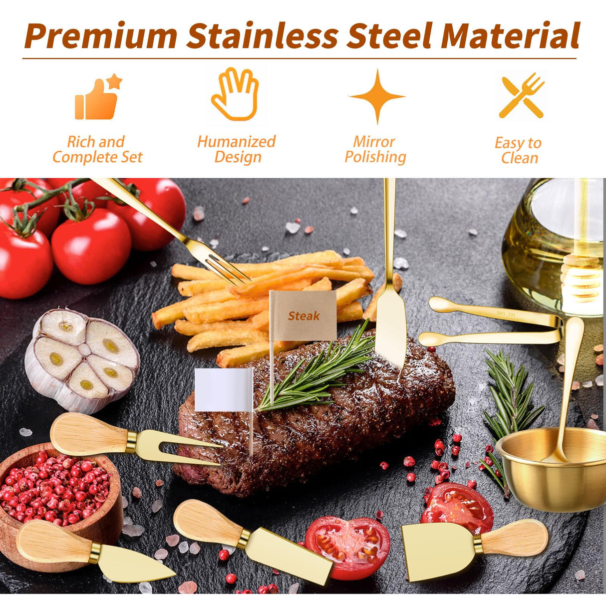 48 Pcs Charcuterie Boards Accessories Butter Spreader Knives Set Stainless Steel Cheese Mini Serving Tongs Spoons Forks Dipping Bowls Toothpick Flags Utensils for Pastry Making Wedding Christmas(Gold)