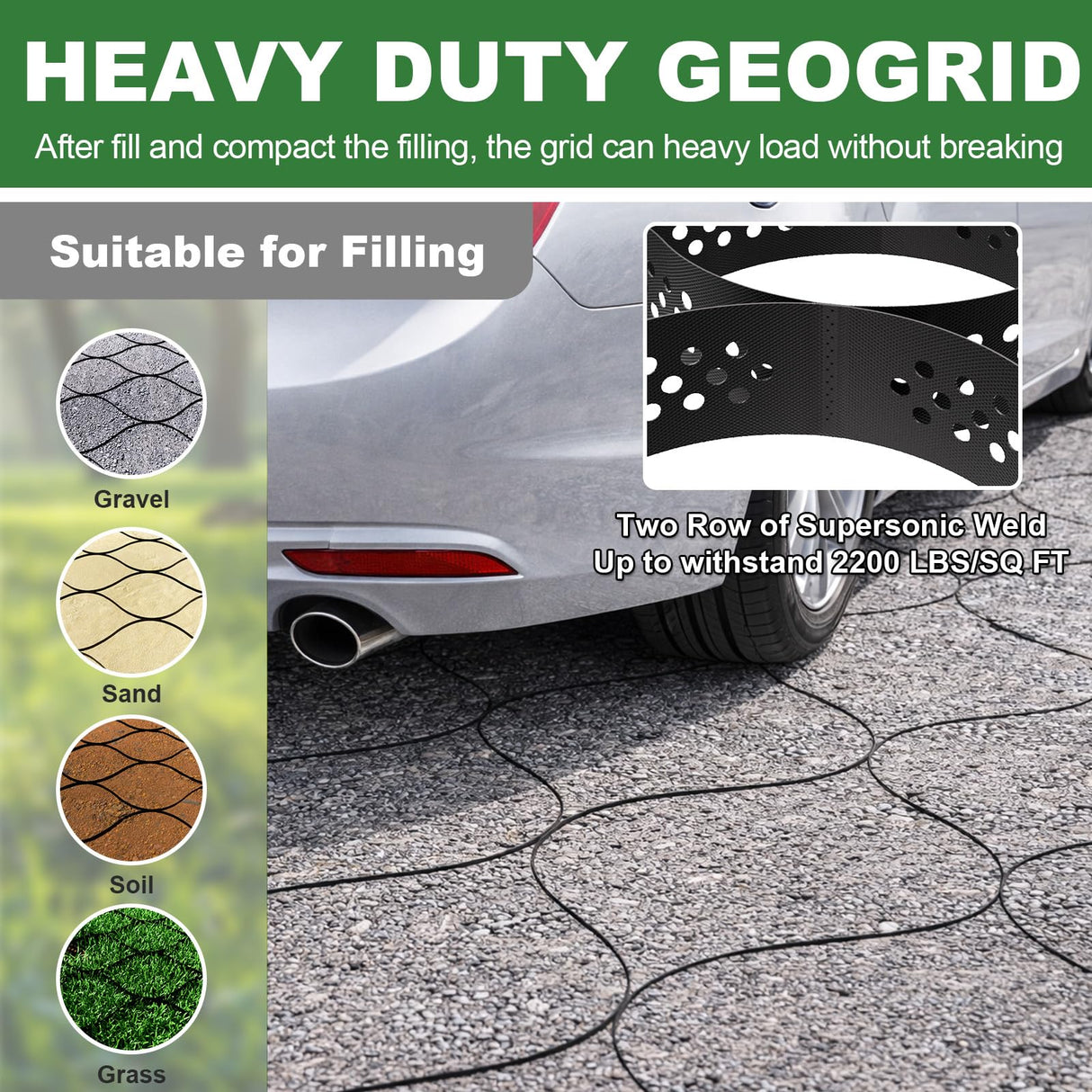 Gravel Grid 3'' Depth with Metal Stakes, 6.6x16.4 FT Geogrid for Gravel Driveway 2200 lbs per Sq FT Erosion Control Ground Grid Gravel Stabilizer Grid for Driveway, Parking Lot, Slope, Walkway, Patio