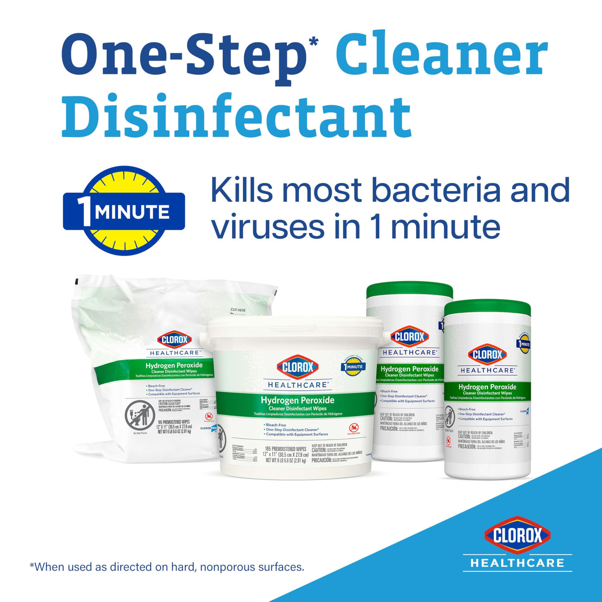 Clorox Healthcare Cleaner Disinfectant Hydrogen Peroxide Wipes, Go-To Bleach Free Disinfecting Wipes, Designed for Hospitals and Clinics, 12" x 11", 185 ct.
