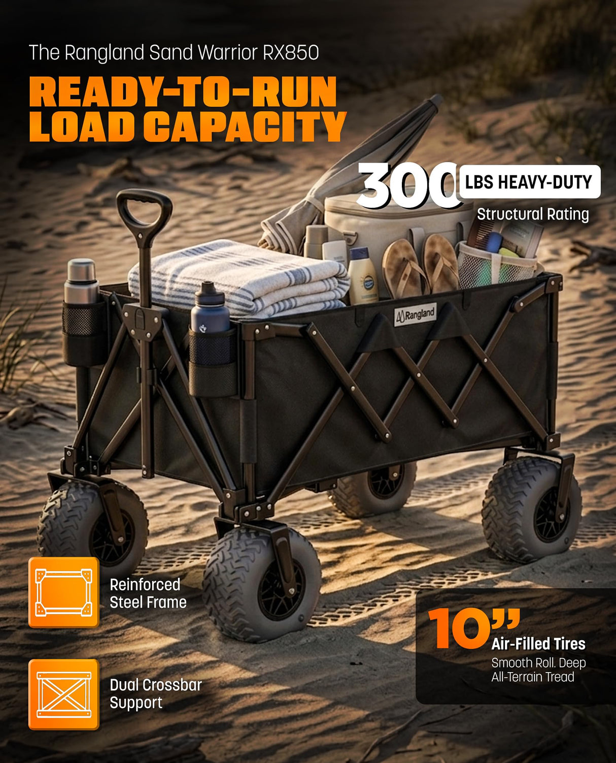 Beach Wagon with Heavy-Duty 10" Air Tires - All Terrain Folding Cart with Big Wheels for Sand and Gravel - 300 LB. Capacity (Black)