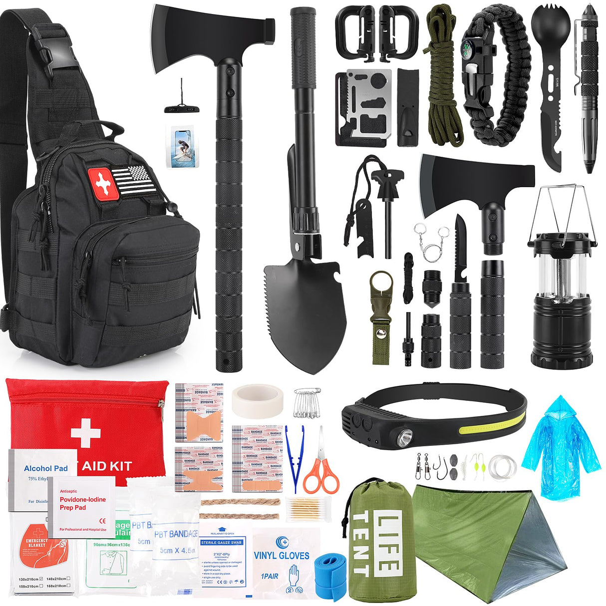 Survival Kit, 268 Pcs Emergency Survival Gear and Equipment Supplies with First Aid Kit, Camping Axe, Headlamp, Tent, Crossbody Bag for Camping Hiking, Hunting, Car, Gift for Christmas Men, Dads, Him