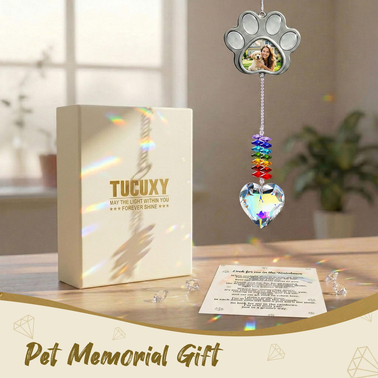 Dog Memorial Gifts, Pet Memorial Crystal Suncatcher with Paw Shaped Photo Frame, Pet Loss, Personalized Loss of Dog Sympathy Gift, Beautifully Packaged Dogs and Cats Remembrance Bereavement Gifts