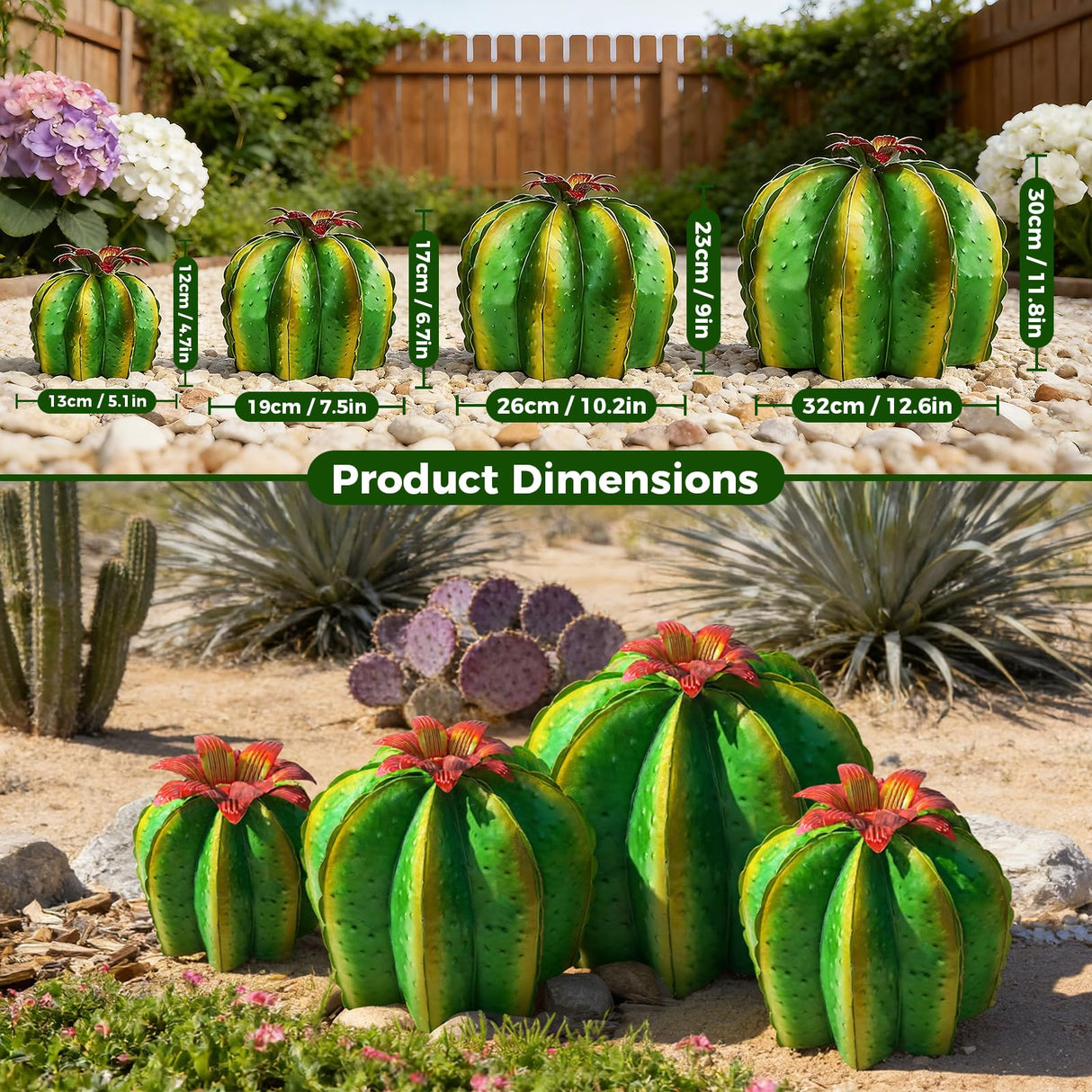 KODIBO Metal Cactus Yard Art, 4-Pack Artificial Barrel Cactus with Flower