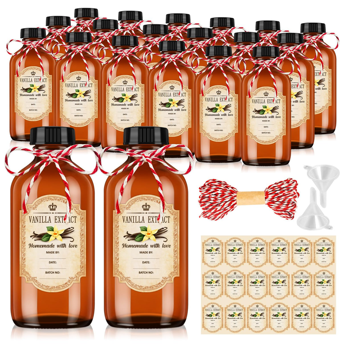 KEYWING 18 Pack 8oz Amber Glass Boston Round Bottles with Airtight Poly Cone Caps, Perfect Bottles for Homemade Vanilla Extract, Syrups, Essential Oils, Holiday & Christmas Gift