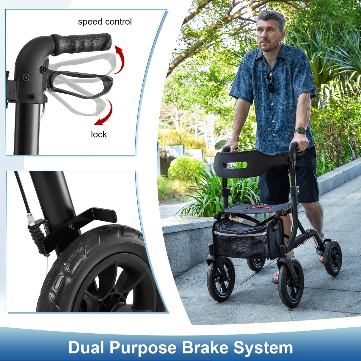 MAXWALK Walkers for Seniors, Rollator Walker with Seat, 12" Big Rubber Wheels All Terrain Rollator Walker with Backrest, Built-in Cable, Cup Holder, Foldable and Height Adjustment for Seniors, Black
