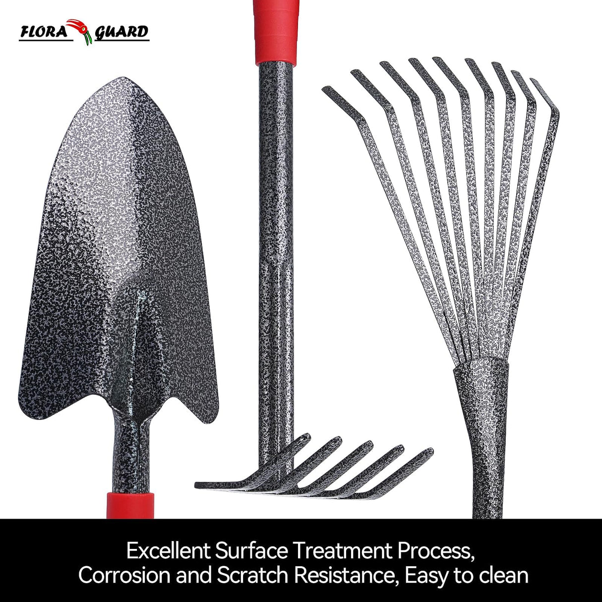 FLORA GUARD 6-Piece Garden Tool Set, Heavy Duty Gardening Hand Tools with Trowel, Rakes, Cultivator, Hoe & Crack Weeder, High Carbon Steel Yard Tools for Weeding, Planting, Digging, Gardening Gifts