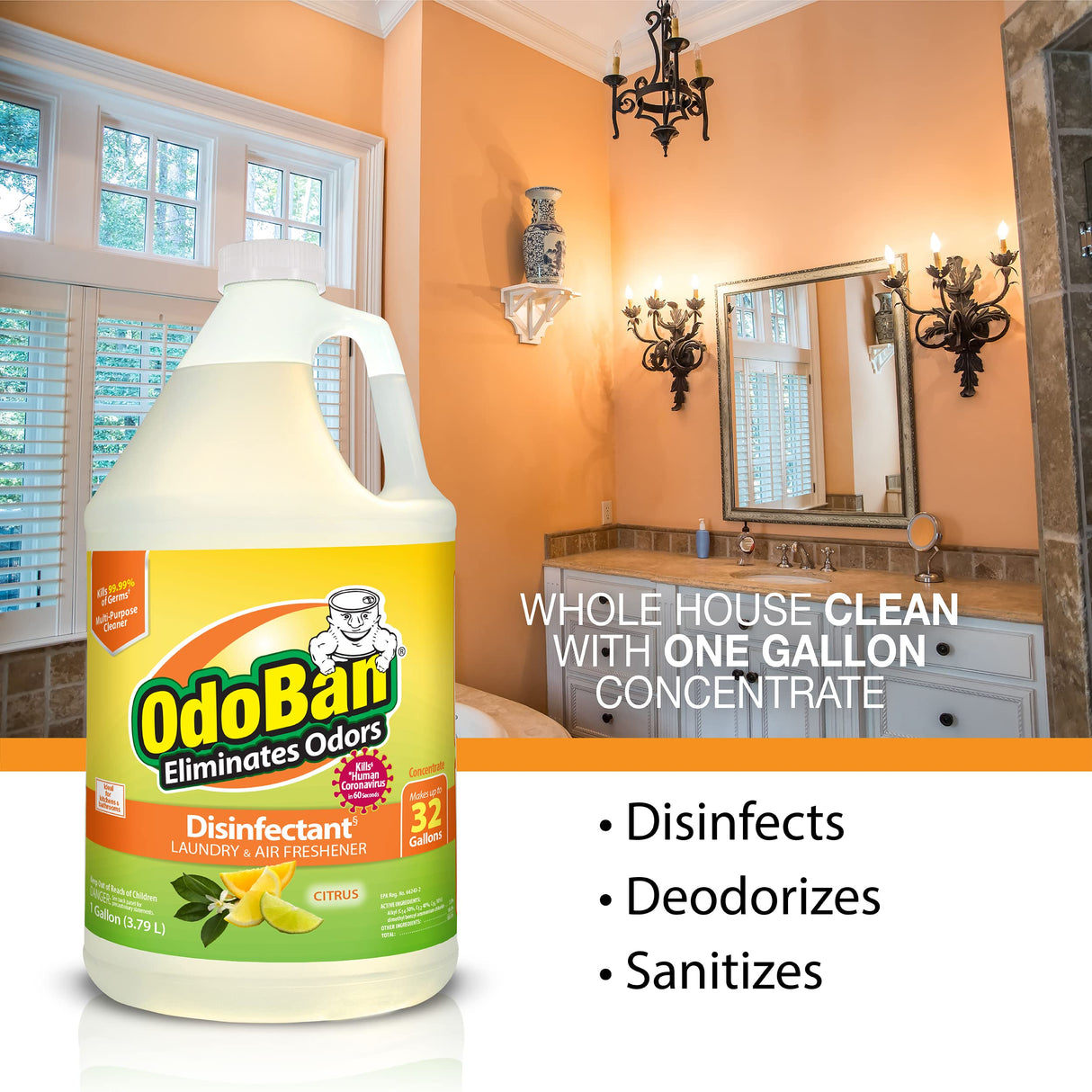 OdoBan Ready-to-Use Disinfectant and Odor Eliminator, Made in the USA, Citrus Scent, Set of 2, 32 oz Spray and 1 Gallon Concentrate