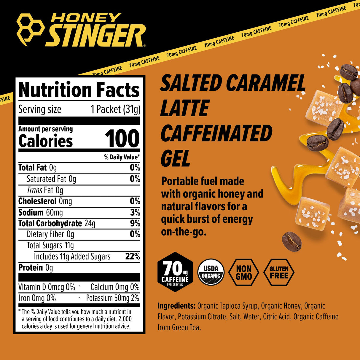 Honey Stinger Caffeinated Organic Energy Gel Variety Pack, 12 Packs Each of Salted Caramel Latte & Strawberry Kiwi, Caffeinated & Gluten Free, For All Exercises, Sports Nutrition for Home & Gym