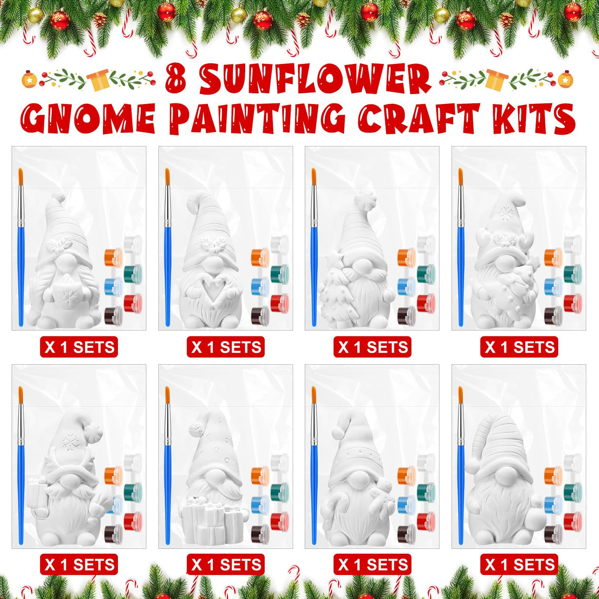 PullCrease 8 Pcs Christmas Ceramics Gnome to Paint Ready to Painting Your Own Gnome Statues DIY Unpainted Ceramics Paintable Figurines Kit Crafts with Brush Palette for Boys Girls