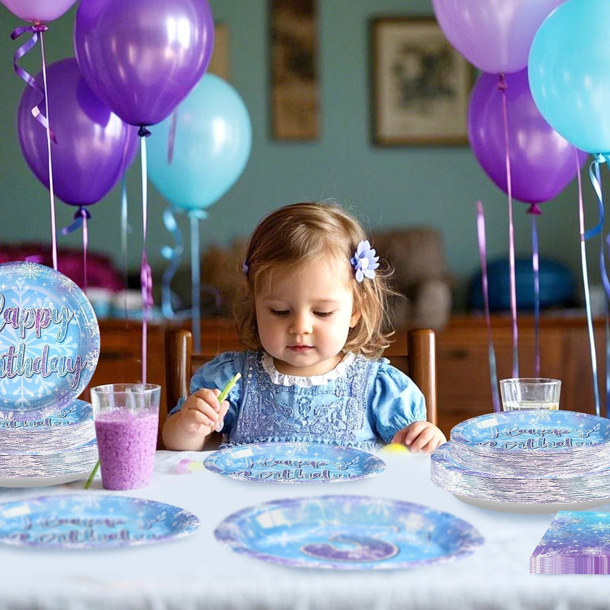 Grencian 96Pcs Frozen Party Supplies Plates Winter Onderland 3rd Birthday Plates Winter Snowflake Happy 3rd Birthday Tableware Disposable for Kids Girls Frozen Themed Party Christmas