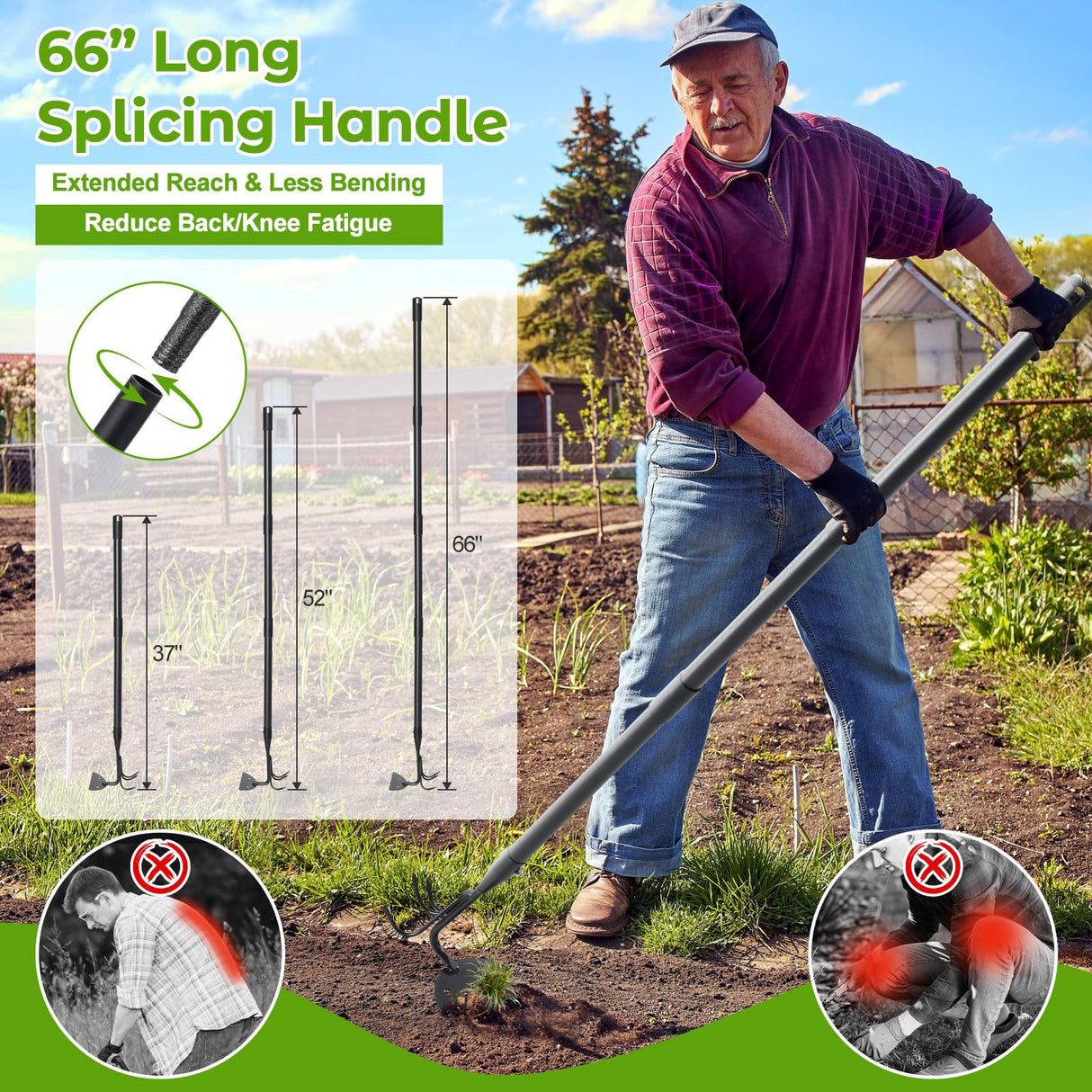 Lilyvane Garden Hoe, 2 in 1 Weeding Hoe and Cultivator Soil Tiller, 66" Long, Heavy Duty Hoe Garden Tool for Weeding, Loosening Soil, Cultivating, Gardening