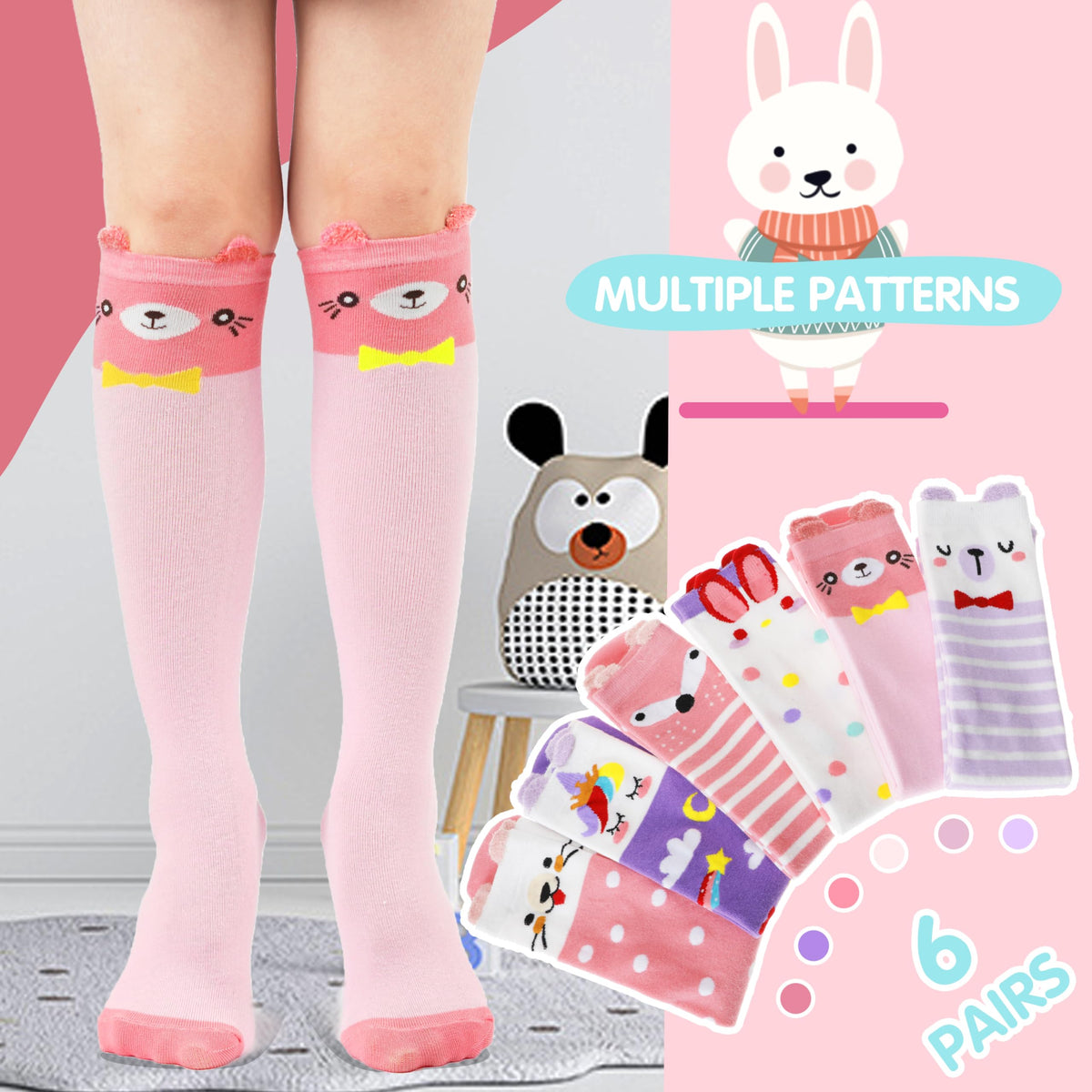 MOGGEI Kids Girls Knee High Socks Long Boot Crazy Silly Fun Gift Tall Funny Cute Animal Christmas Gift for 4 5 6 7 8 9 10 11 12 Year Old Girls Stocking Stuffers Socks 6 Pairs (Animal Pink Purple)