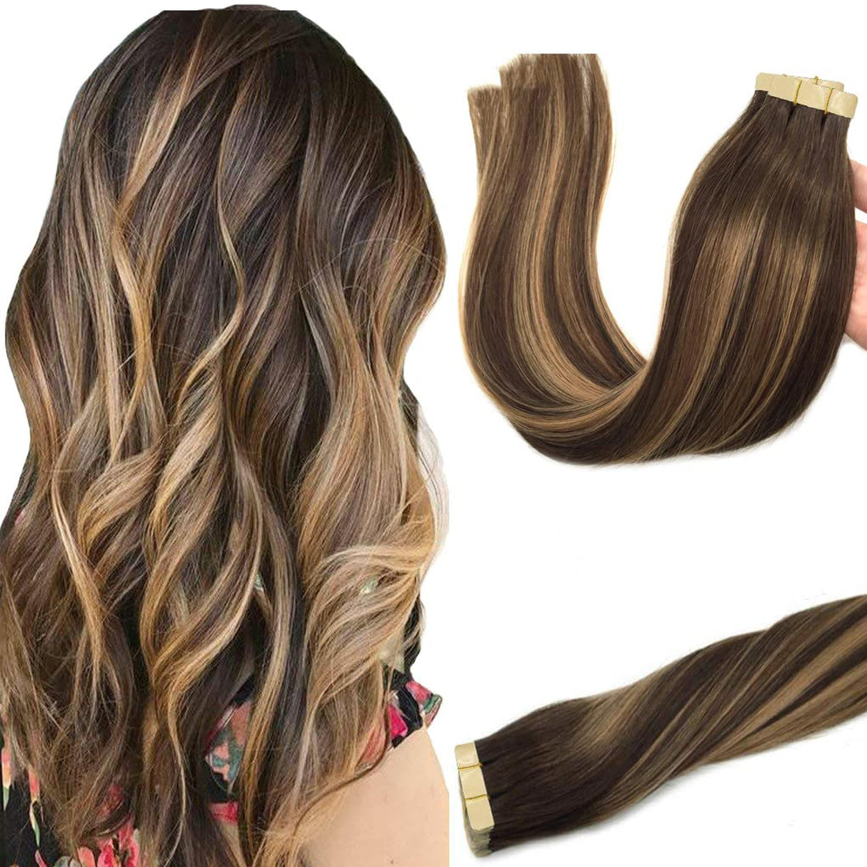 GOO GOO Tape in Hair Extensions Human Hair, 4/27/4 Balayage Chocolate Brown to Caramel Blonde, 20inch 50g 20pcs, Thick Ends Straight Seamless, Invisible