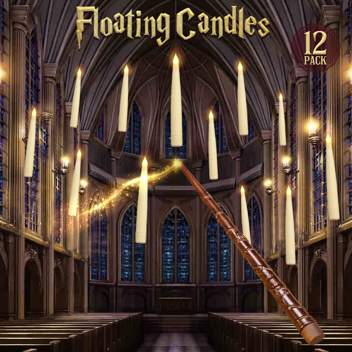 Halloween Decorations - Floating Candles with Wand - 12 Pcs Magic Flickering Warm Light Flameless Floating LED Candle Christmas Decor - Stocking Stuffers for Indoor Classroom Bedroom Party