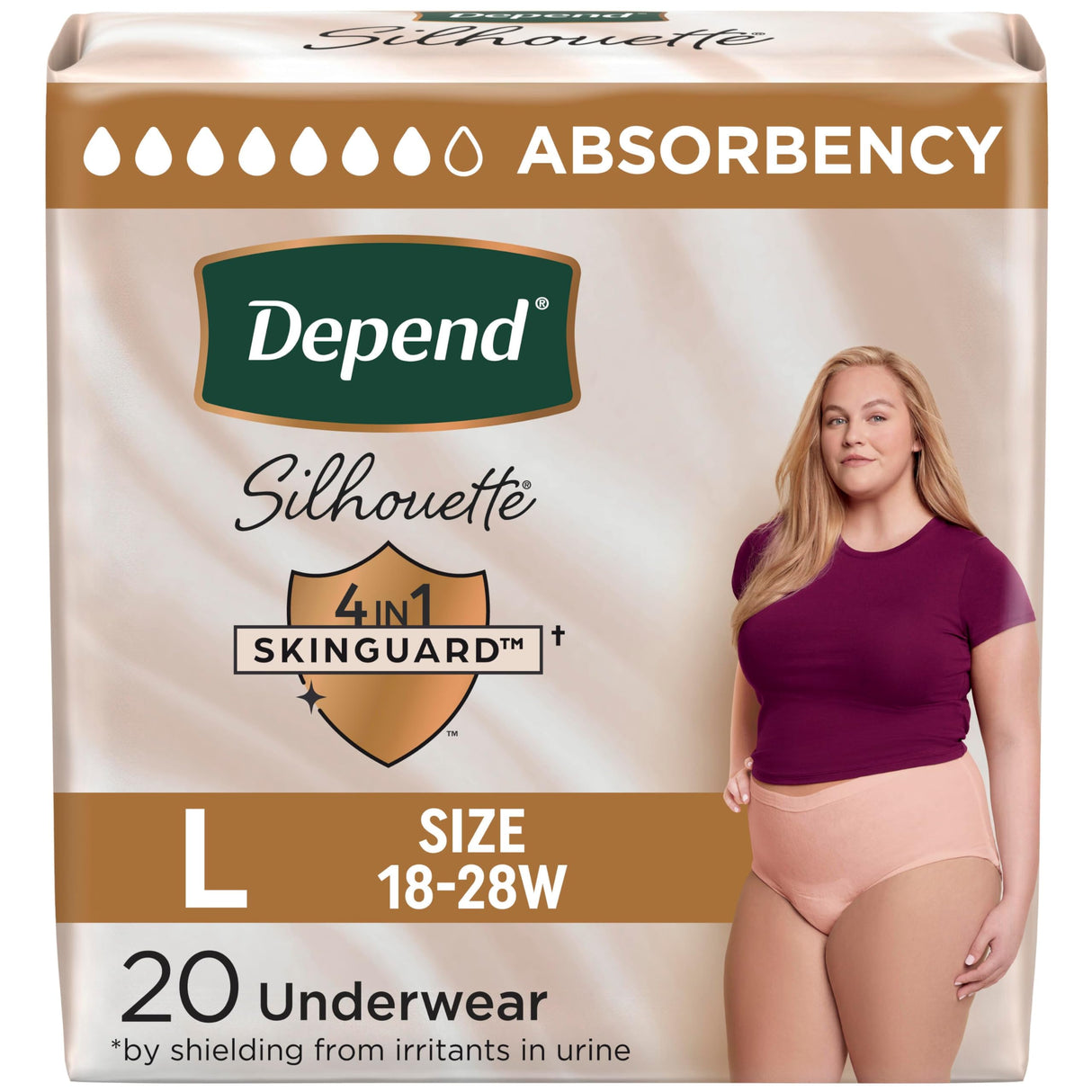 Depend Silhouette Adult Incontinence & Postpartum Bladder Leak Underwear for Women, Maximum Absorbency, Large, Pink, 20 Count, Packaging May Vary