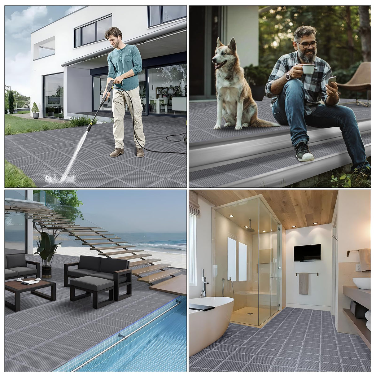 16 PCS Modular Interlocking Cushion Interlocking Floor Tiles with Hole Drainage Mat 10" x 10" Non Slip Pool Deck Mat Outdoor for Drain Deck Pool Patio Shower Kitchen Balcony (Grey)