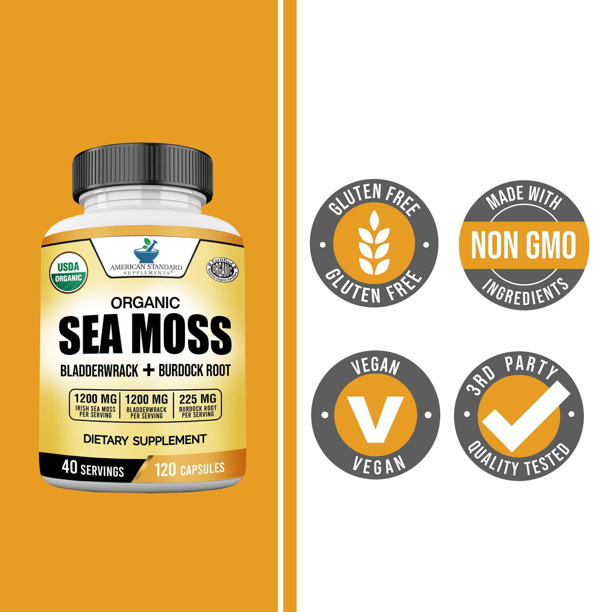 American Standard Supplements Organic Sea Moss, Bladderwrack & Burdock Root Capsules - 1200mg Sea Moss, 1200mg Bladderwrack, 225mg Burdock Root Per Serving - 120 Capsules, 40 Servings