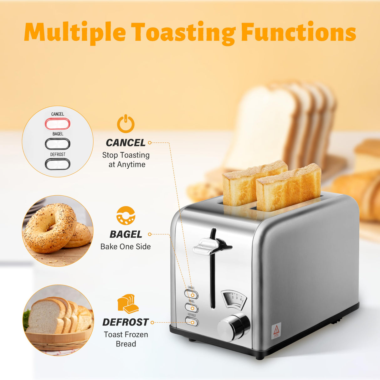HealSmart 2 Slice Stainless Steel Toaster with Extra Wide Slot & Removable Crumb Tray, 5 Shade Setting and Bagel/Defrost/Cancel Function, Retro Compact Oven, for Various Bread & Waffle, Silver