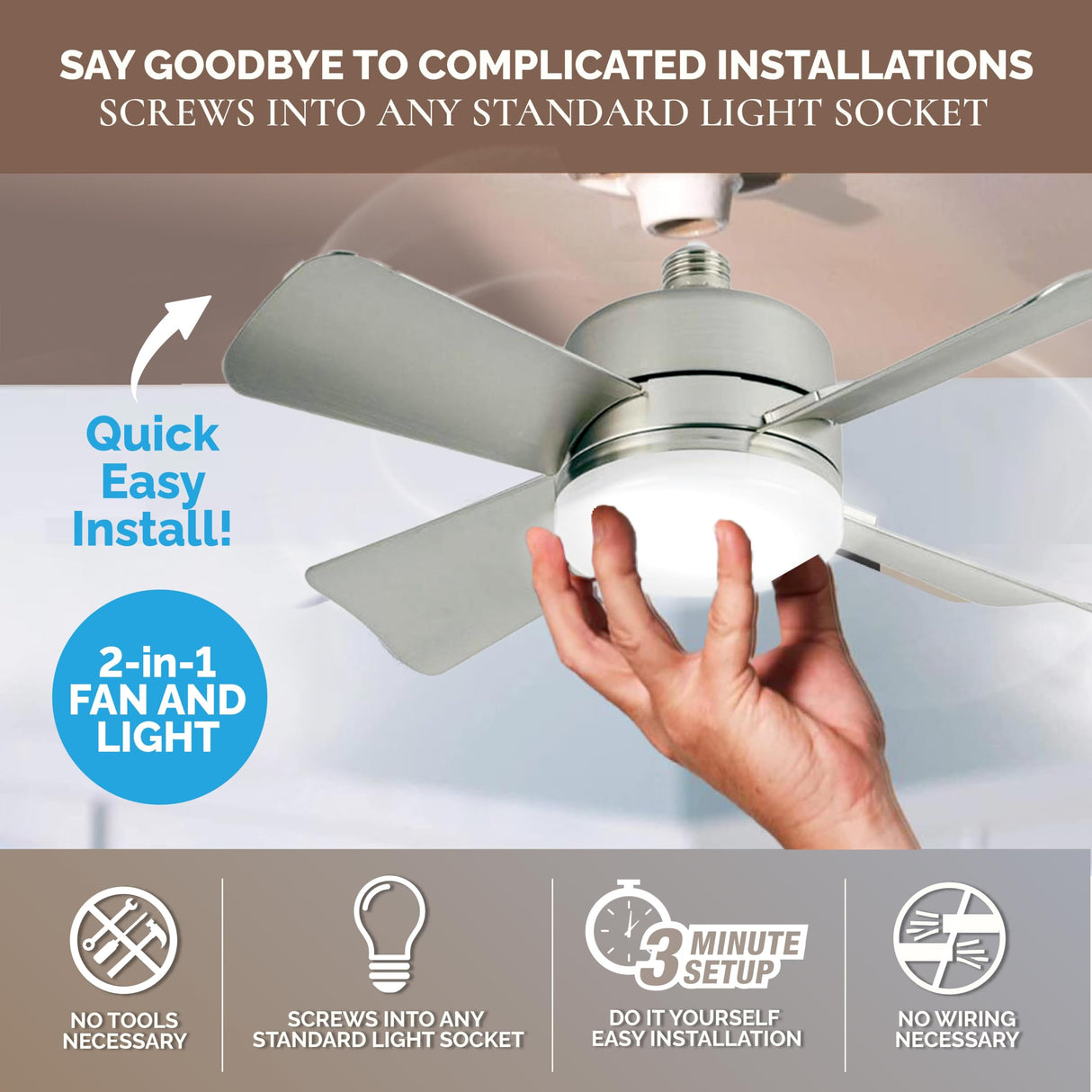 Bell+Howell Socket Breeze Cool Light Deluxe Silver โ Ceiling Fans with LED Lights and Remote Control, Replacement for Lightbulb - Bedroom, Kitchen, Living Room,1000 Lumens / 5000 Kelvins