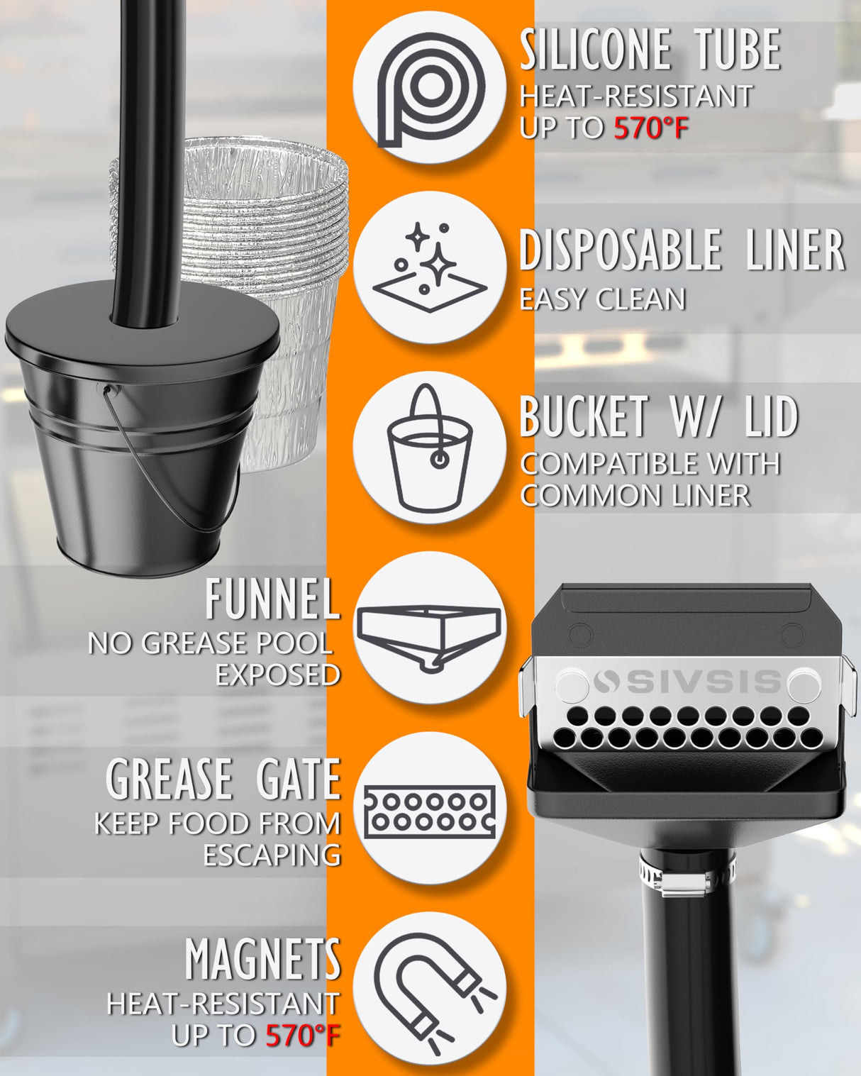 Magnetic Rear Grease Drainage Funnel for Blackstone, Griddle Grease Catcher for Blackstone, 0.6 Gal Bucket W/Lid, 10 Aluminum Drip Liners, 304 Stainless Movable Grease Gate, Blackstone Accessory