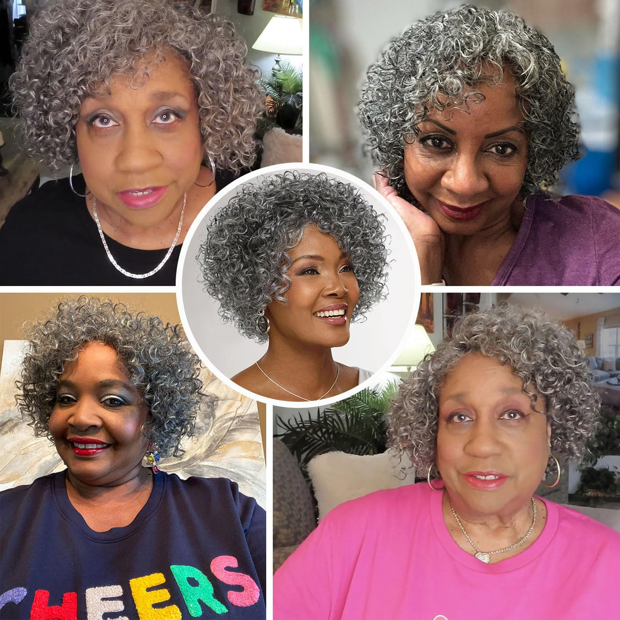HUA Grey Glueless Wigs Human Hair Wigs for Black Women Grey Short Curly Wigs for Black Women Human Hair Mixed Kinky Curly Wear and Go Glueless Wig Ombre Gray 8 Inch Short Wigs for Older Women