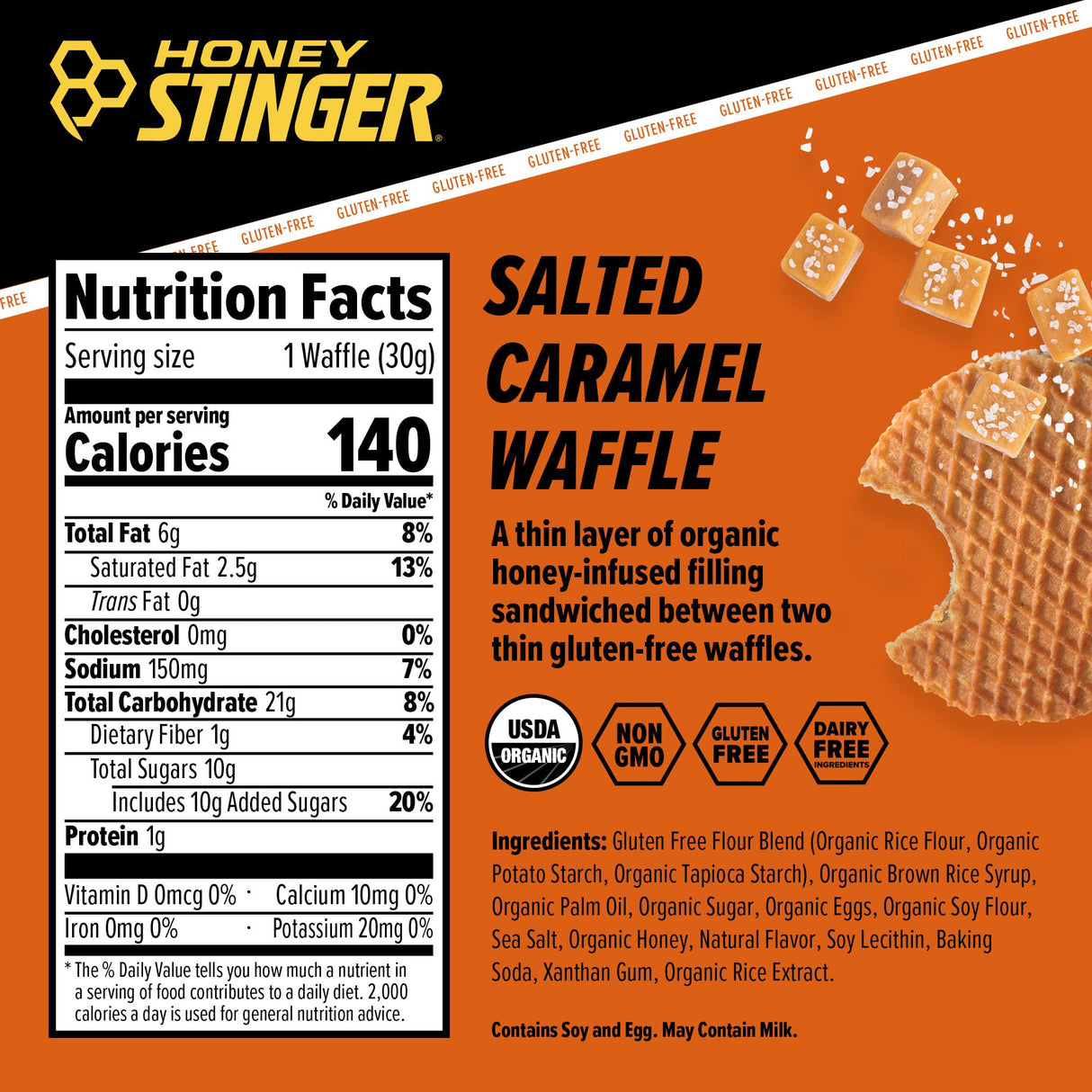 Honey Stinger Organic Gluten Free Salted Caramel Waffle, Energy Stroopwafel for Exercise, Endurance and Performance, Sports Nutrition for Home & Gym, Pre & Post Workout, Box of 16 Waffles, 16.96 Oz