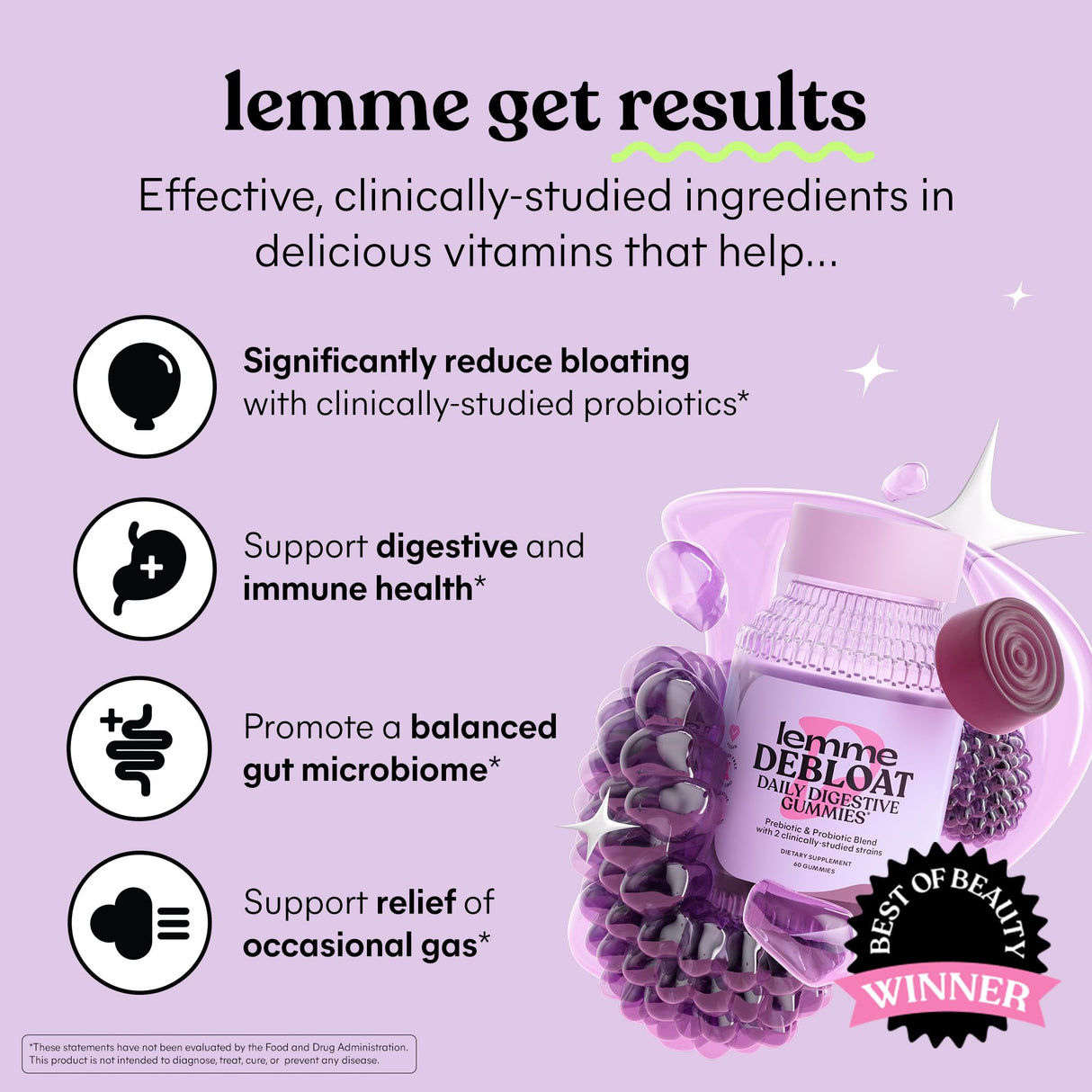 Lemme Debloat - Digestive & Gut Health Gummies with 2 Clinically Studied Probiotics & Prebiotic, Vegetarian, Gluten Free, Non GMO, BlackBerry Flavor (60 Count)