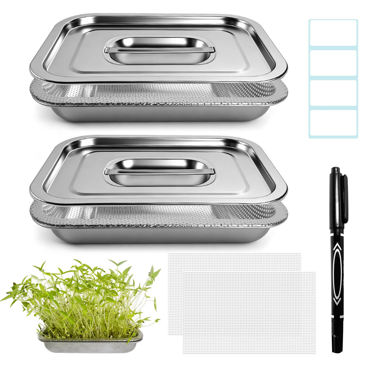 2 Pack Stainless Steel Seed Sprouter Trays, 2-Tier Soil-Free Microgreens Growing Kit, Sprouting Tray with Cover Lids & Mesh Pads for Sprouts Beans Alfalfa Wheatgrass (10.6" * 7.9" * 1.9")