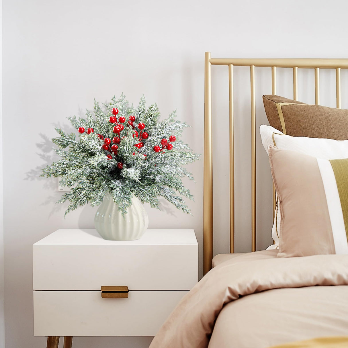 60 Pcs Artificial Christmas Snow Pine Branches with Red Berry Stems, Snowy Faux Greenery Norfolk Pine Cypress Leaves Stems, Berries White Frosted Fake Foliage Pine Needle Picks for Garland Home Decor