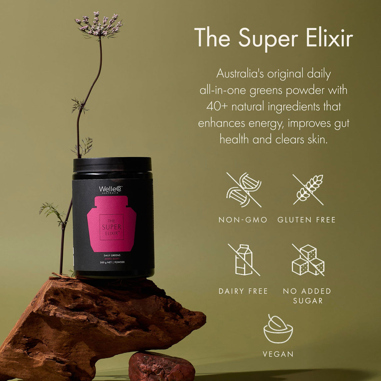WelleCo The Super Elixir Daily Greens Powder, Probiotic Drink Mix with Whole Foods, Gluten Free, Vegan Gut Health Powder, Energy, Immunity, Healthy Skin, Hair & Nails (300g, Mixed Berry)