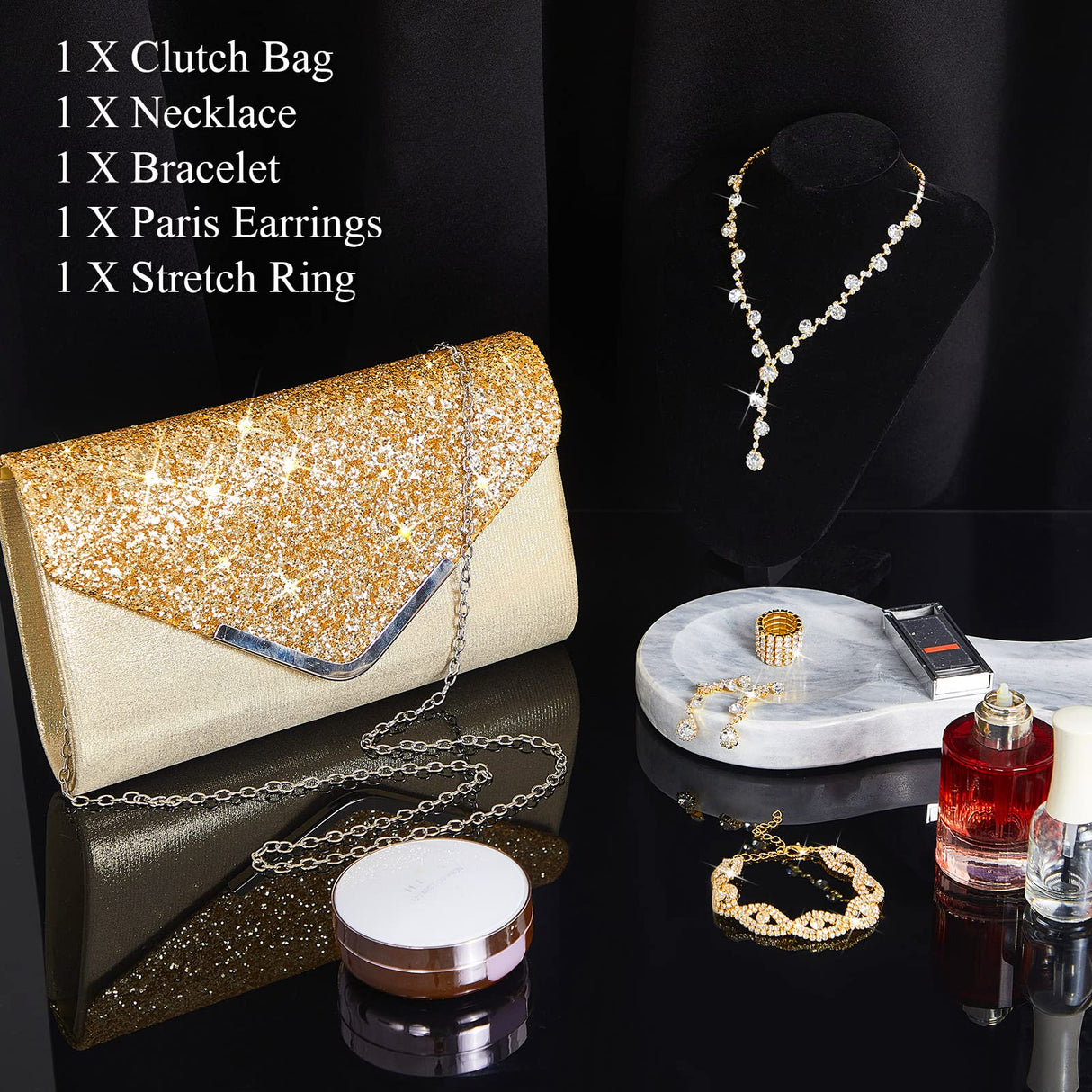 Henoyso 5 Pcs Jewelry Set, Rhinestone Clutch Purse for Prom,Gold