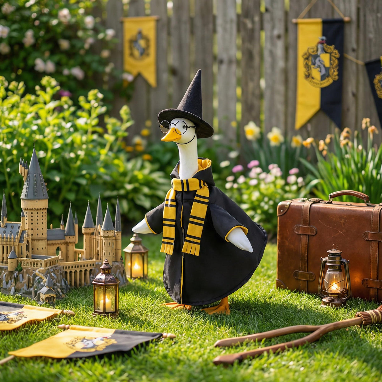 Tmovjxv 4 Pcs Halloween Wizard Porch Goose Outfit, Lawn Porch Goose Clothes Wizard Costume for 23'' Statue, Witch Garden Geese Outfit with Hat Scarf Glasses for Patio Yard Christmas Decor (Yellow)