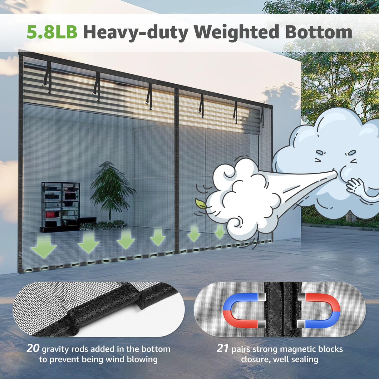 Garage Door Screen for 1 Car, 2 Car Garage, Magnetic Closure Heavy Duty Weighted Bottom Fiberglass Mesh Keep Annoying Animal Out (Black, 16 ft x 10 ft)