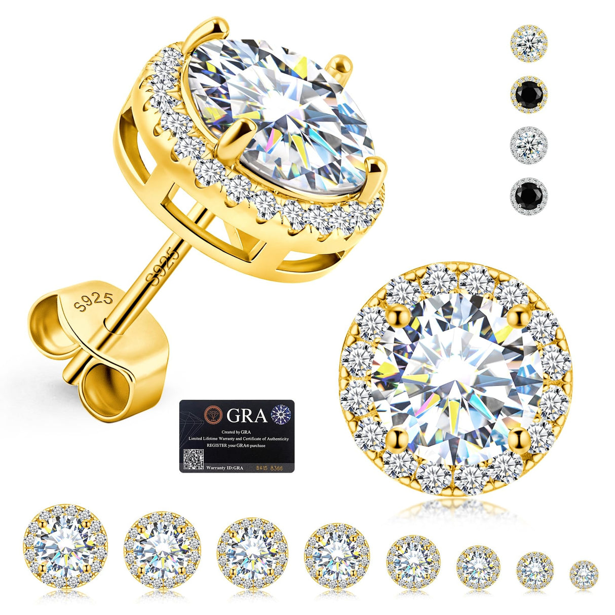 Delzzad Moissanite Earrings for Men, Solid S925 Sterling Silver and 18K Golden Plated Halo Stud Earrings for Women Valentine's Day Mother's Day - D Color VVS1 Hypoallergenic Dainty Moissanite Jewelry for Sensitive Ear, 6.5mm(1ct*2)